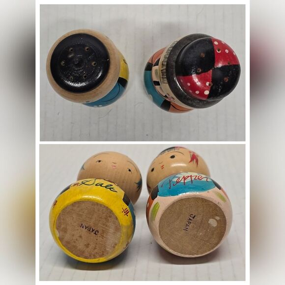 Japanese Kokeshi Wooden Bobblehead Salt & Pepper Shakers Dolls Vintage Handmade - Picture 6 of 8